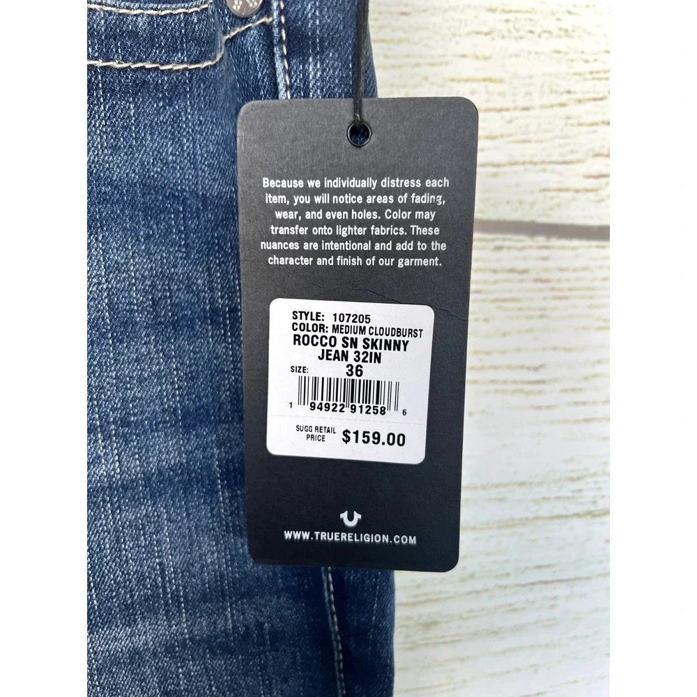 True Religion Jeans Mens 36X32 Rocco SN Cloudburst‎ Relaxed Skinny Stretch New